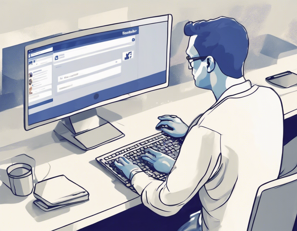 Человек печатает на компьютере с логотипом Facebook на экране в светлом офисе