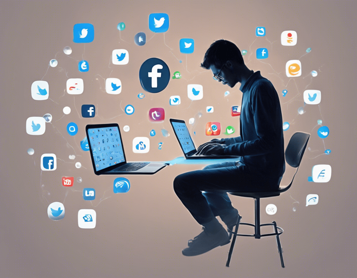 Человек печатает на ноутбуке с иконками социальных сетей над экраном