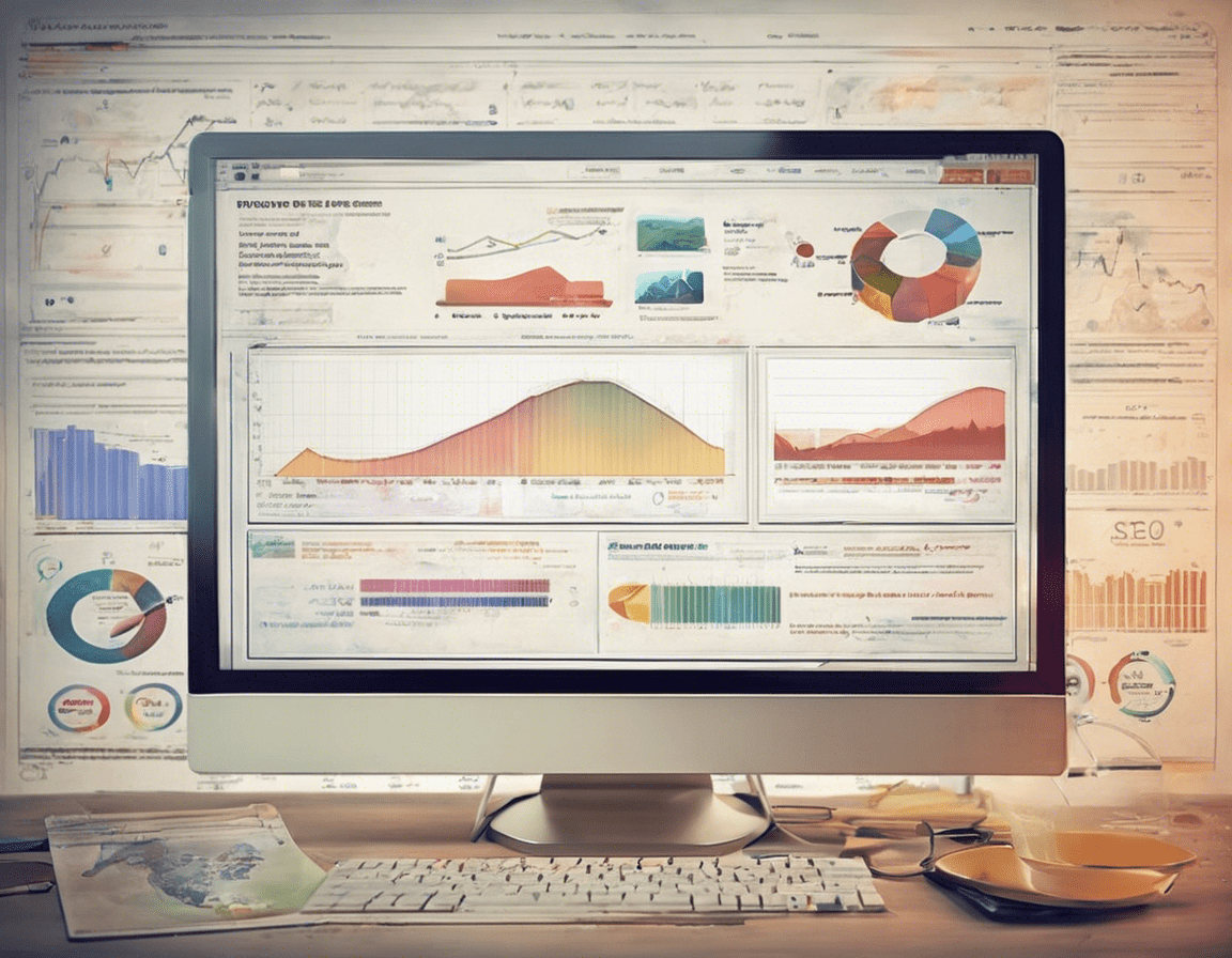 Экран компьютера с результатами поисковой системы и графиками SEO аналитики