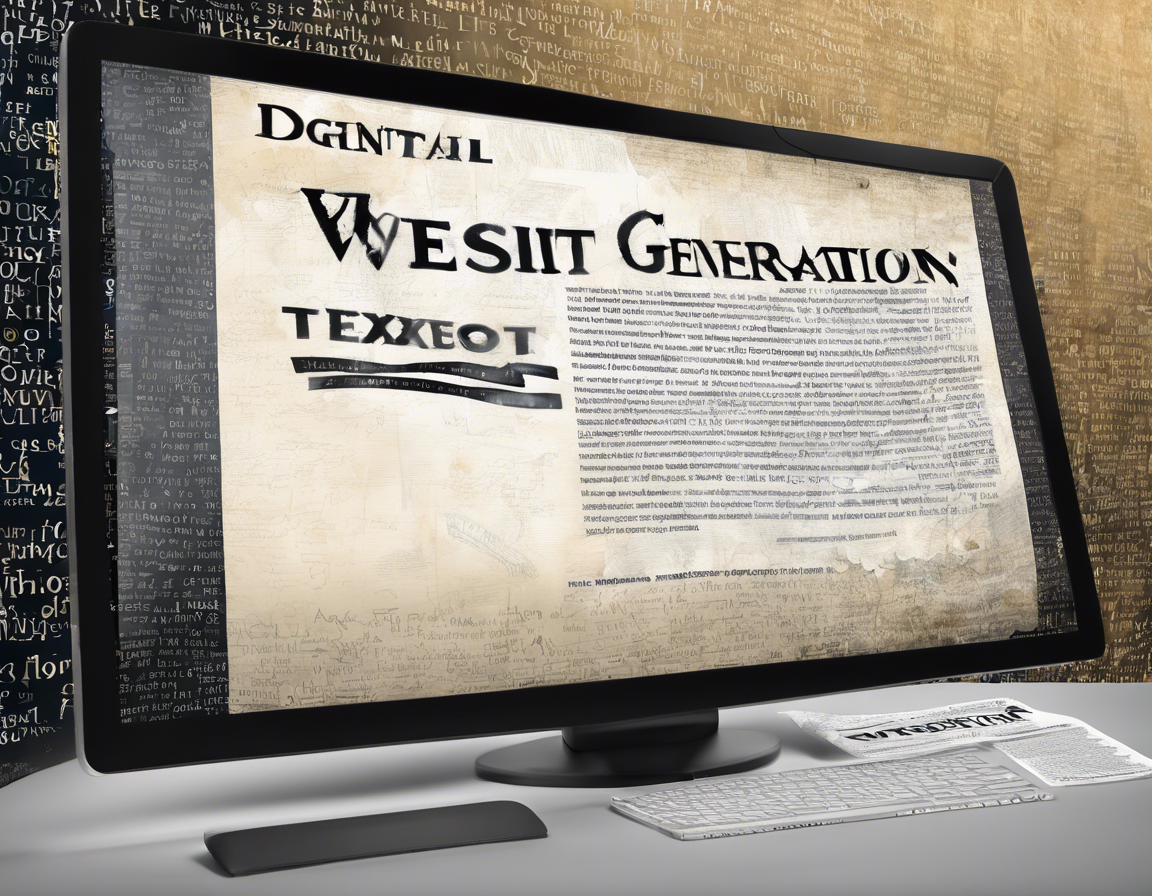 экран компьютера с сайтом для генерации текста на фоне разбросанных букв и ручки