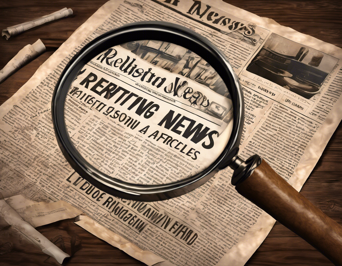 Газета с лупой, выделяющей текст 'Рерайтинг новостных статей' на деревянном столе
