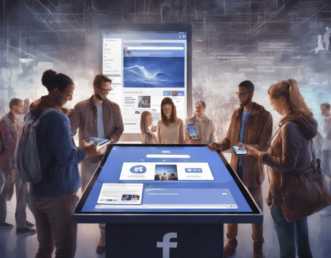 группа людей взаимодействует с большим интерактивным экраном, на котором отображаются посты Facebook