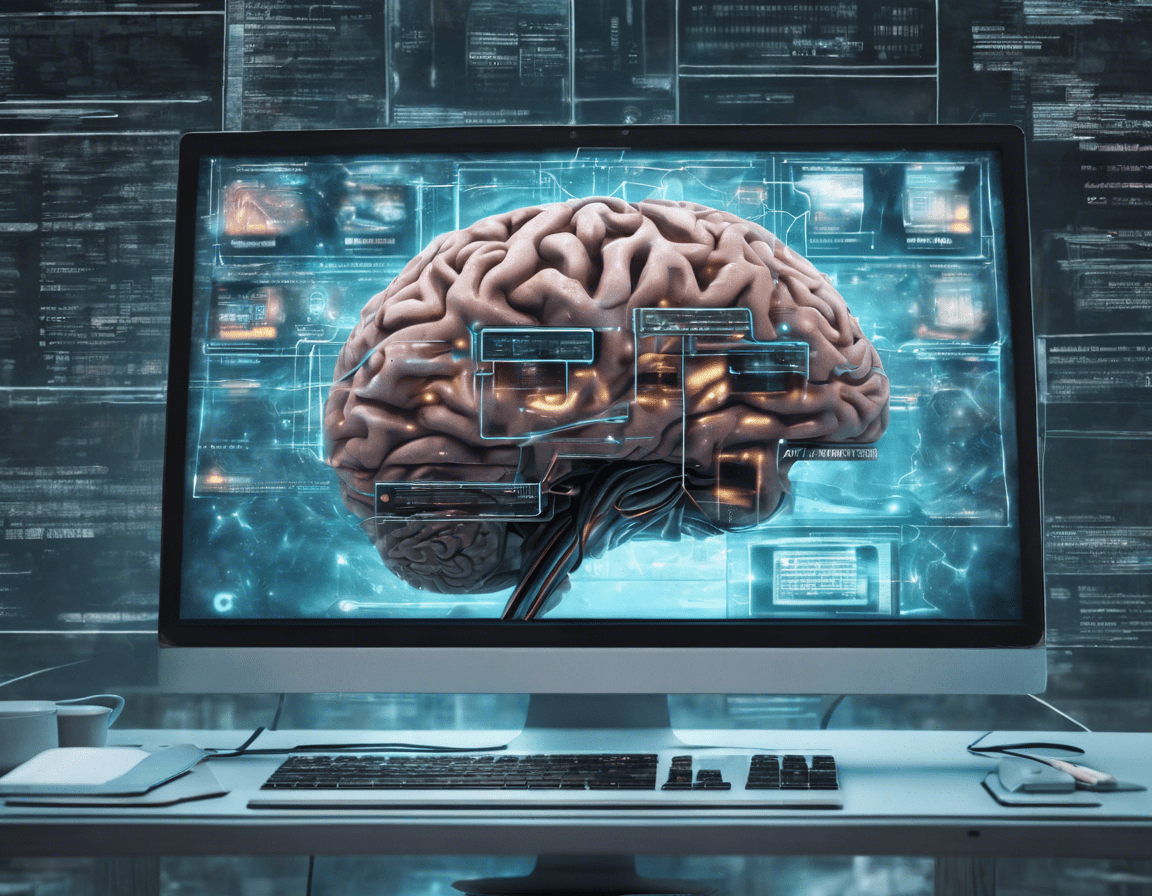 Искусственный интеллект в виде мозга, подключенный к компьютеру с открытым маркетплейсом