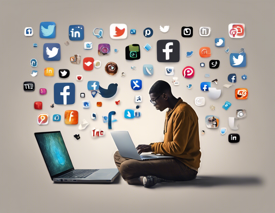 Коллаж иконок социальных сетей и человек, печатающий на ноутбуке