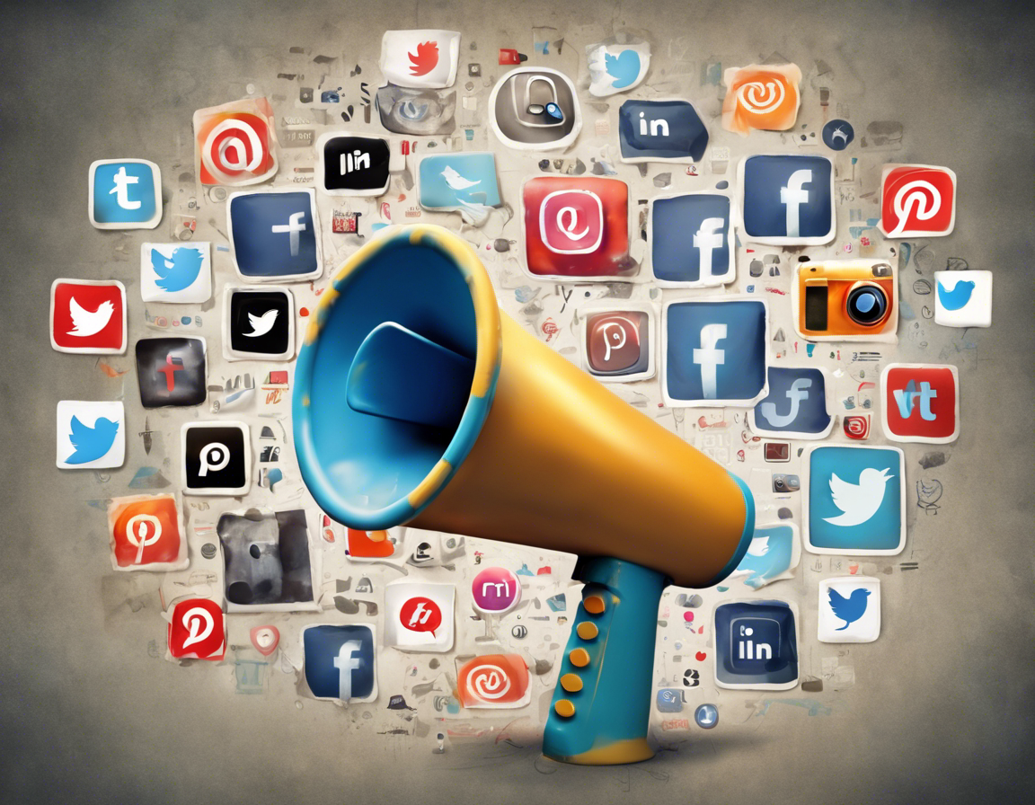 Коллаж иконок социальных сетей и мегафона на фоне цифрового маркетинга