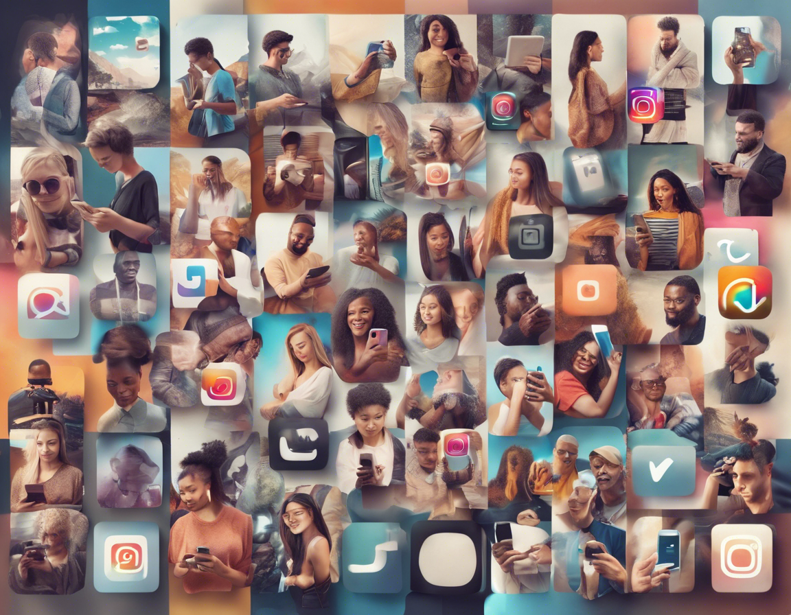 Коллаж логотипов Instagram, символов хэштегов и разнообразной группы людей, использующих смартфоны