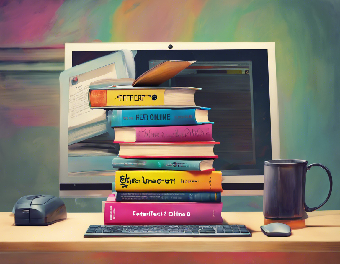 компьютер с надписью 'Реферат Онлайн' рядом с кучей книг