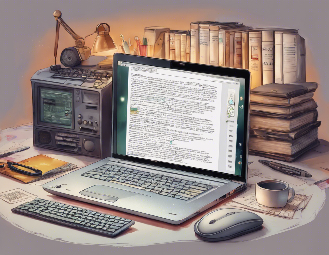 ноутбук на столе с открытым текстовым редактором и иконками SEO вокруг