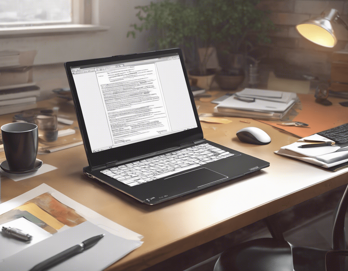 Ноутбук на столе с открытым текстовым редактором и выделенным текстом