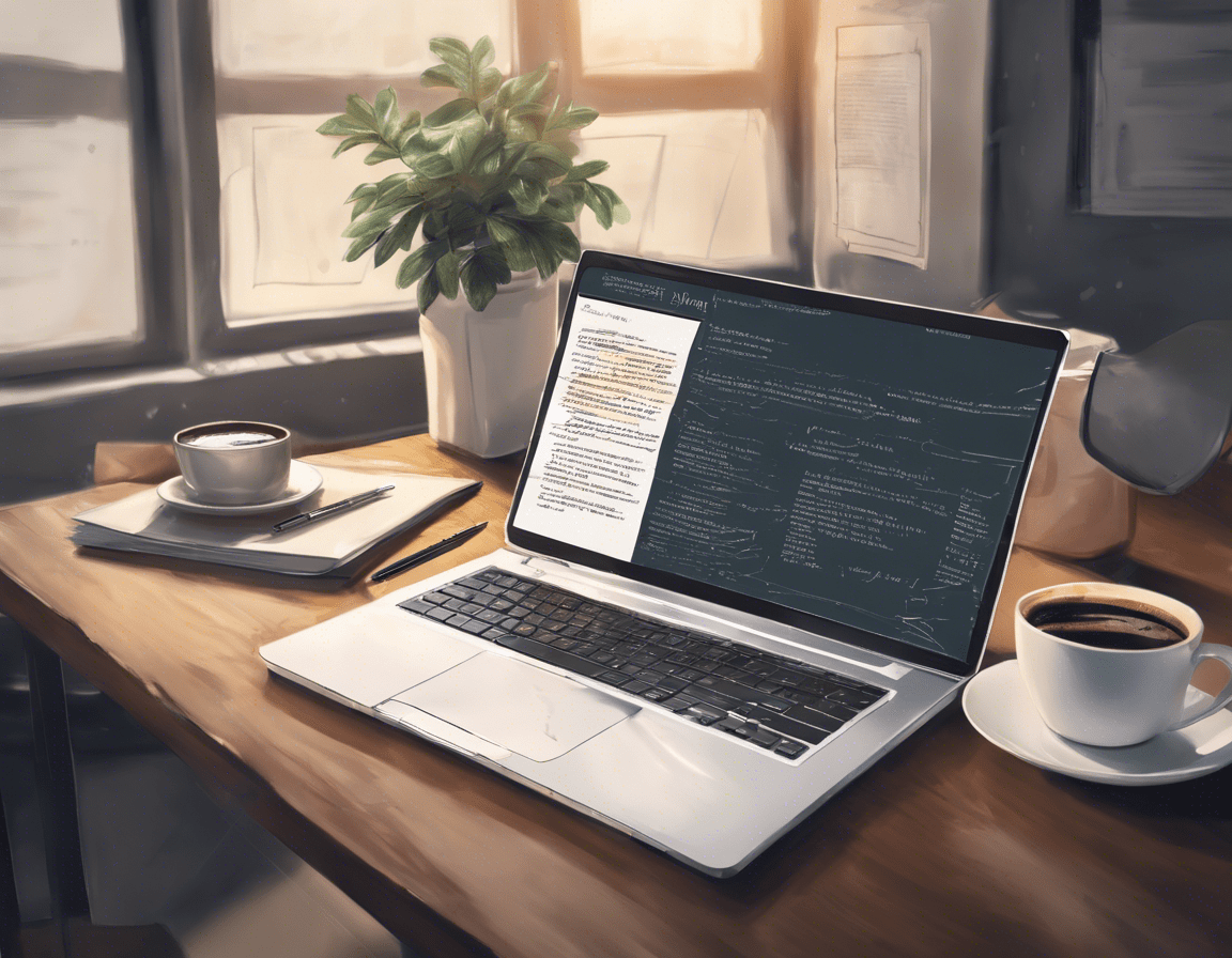 ноутбук с документом на экране, на столе с чашкой кофе