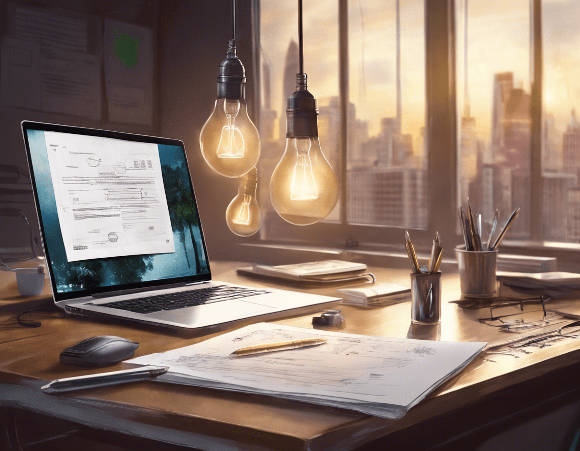 ноутбук с открытым документом на экране, окруженный лампочками и ручкой на современном столе