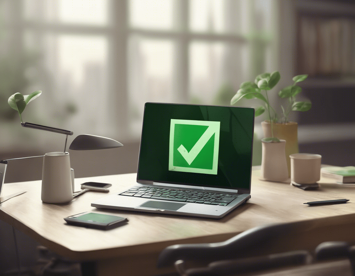 Ноутбук с символом зеленой галочки на экране, стоящий на современном столе