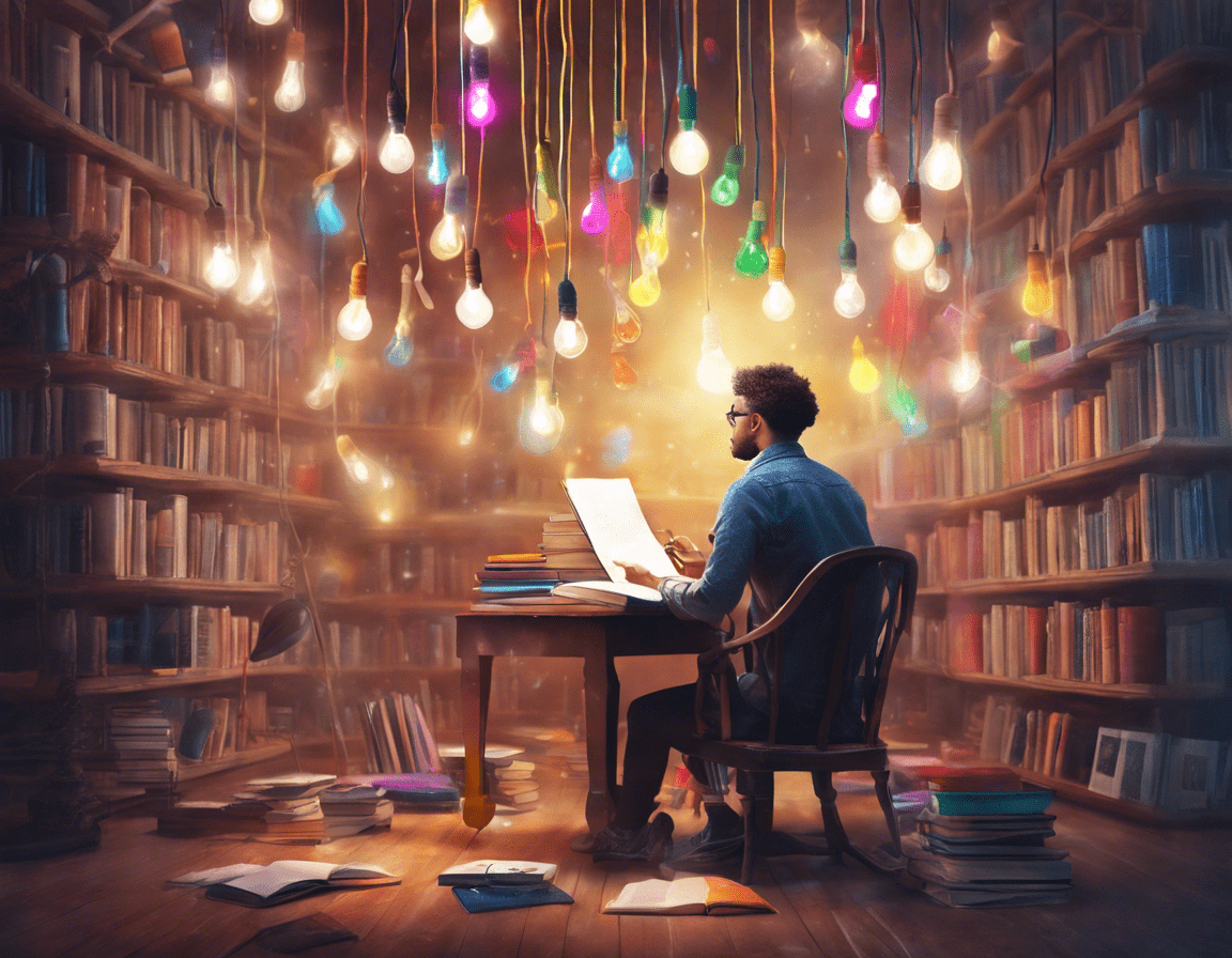 писатель в окружении летающих лампочек и цветных книг