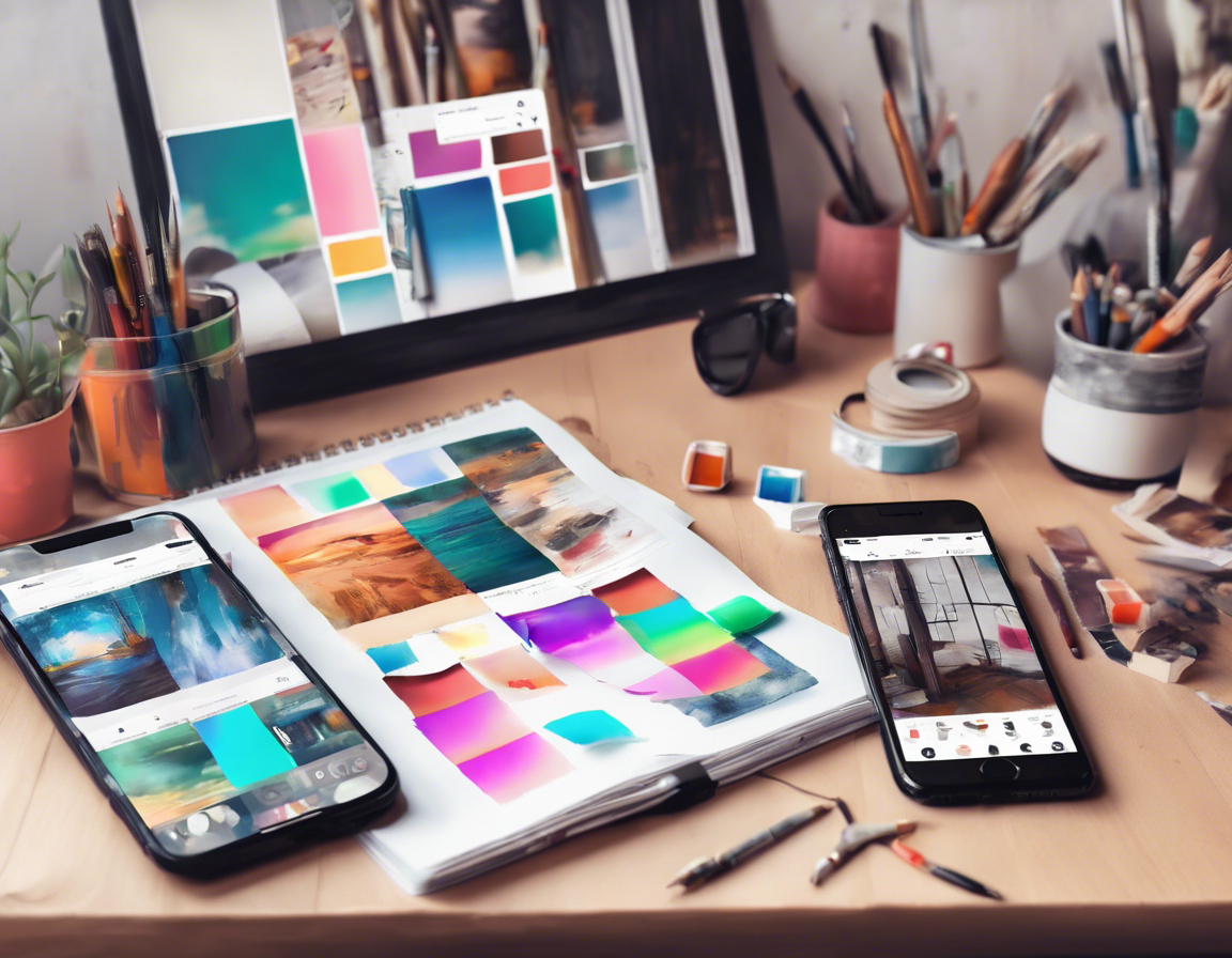 Рабочее пространство с телефоном, на экране которого открыт Instagram, вокруг наброски дизайна и палитры цветов