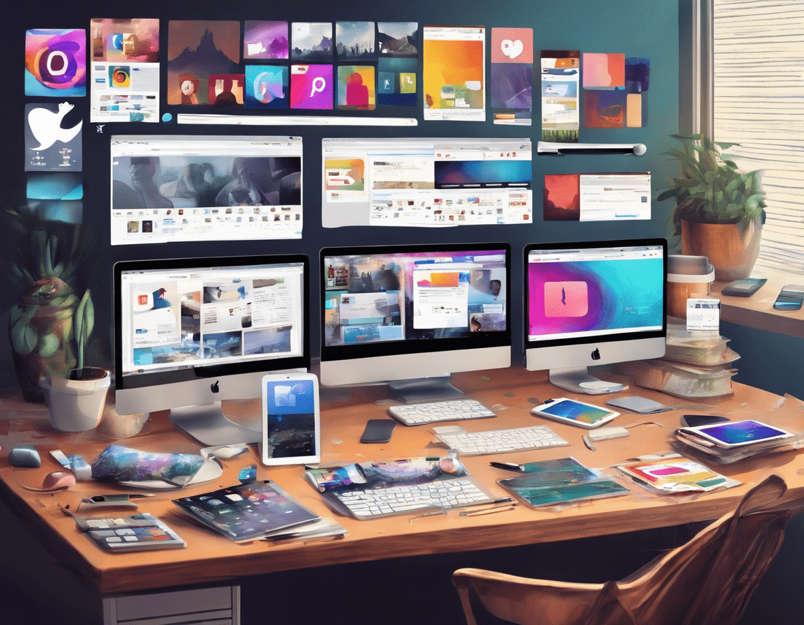 Рабочий стол маркетолога в социальных сетях с несколькими мониторами