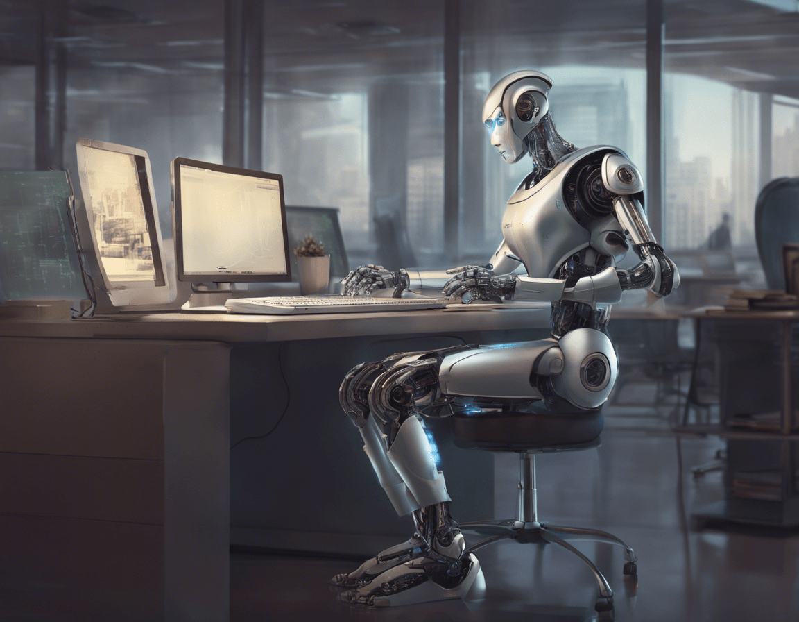 Робот-андроид печатает на компьютере в офисе