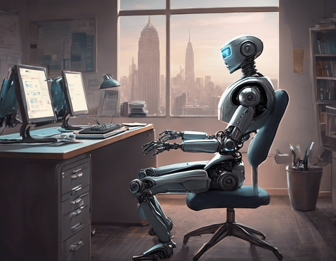 робот будущего печатает на компьютере в офисе