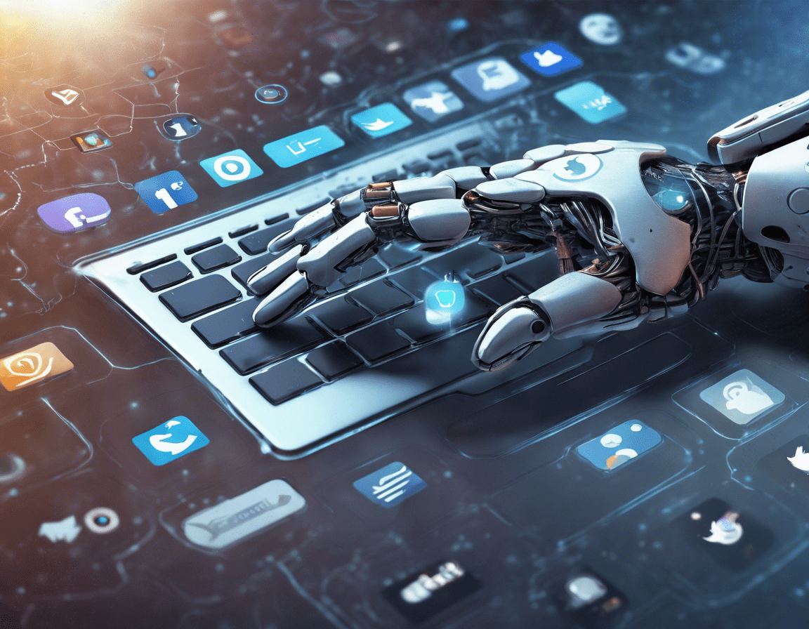 Роботизированная рука печатает на клавиатуре, над которой витают иконки социальных сетей