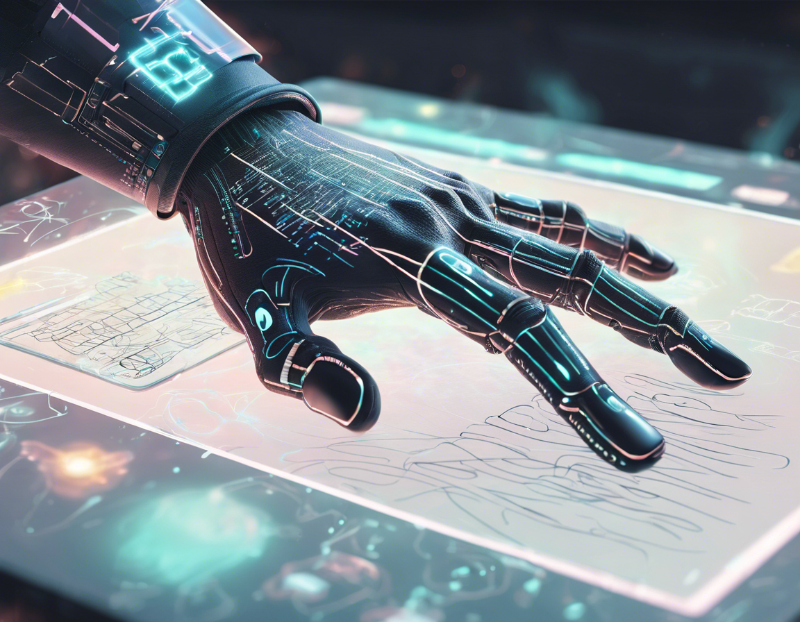 Роботизированная рука пишет на цифровом экране с голографическим текстом вокруг