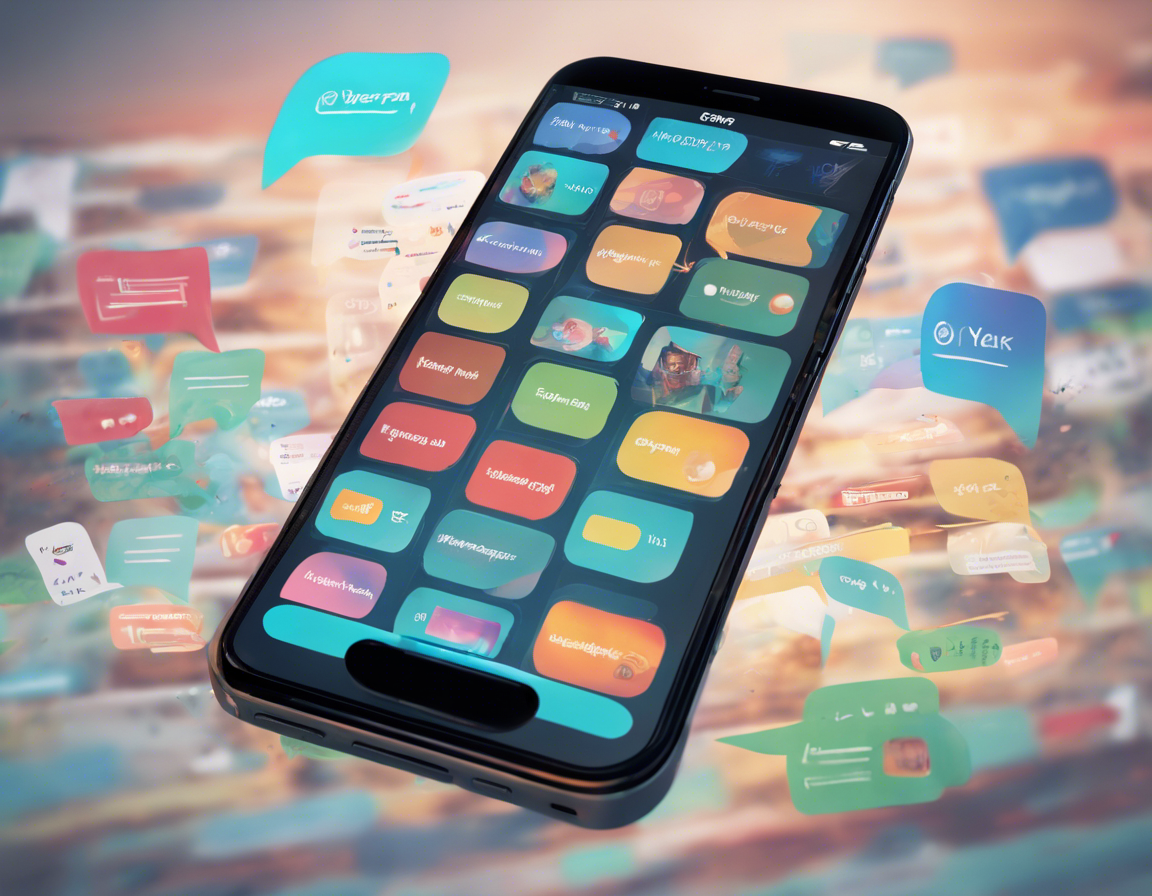 смартфон с открытым приложением Telegram, показывающим чат с красочными и захватывающими постами