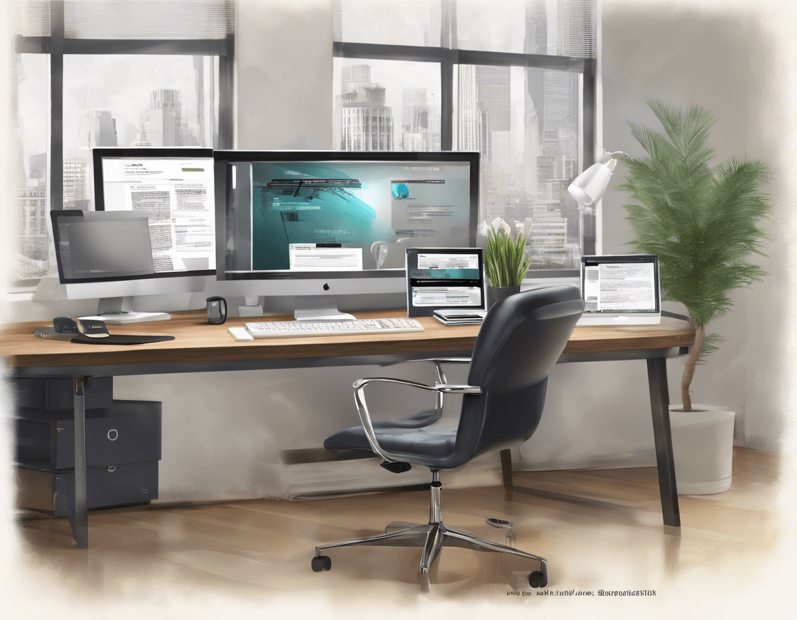 современный офисный стол с компьютерным монитором, на экране которого открыт сайт для генерации текста и инструментов продуктивности