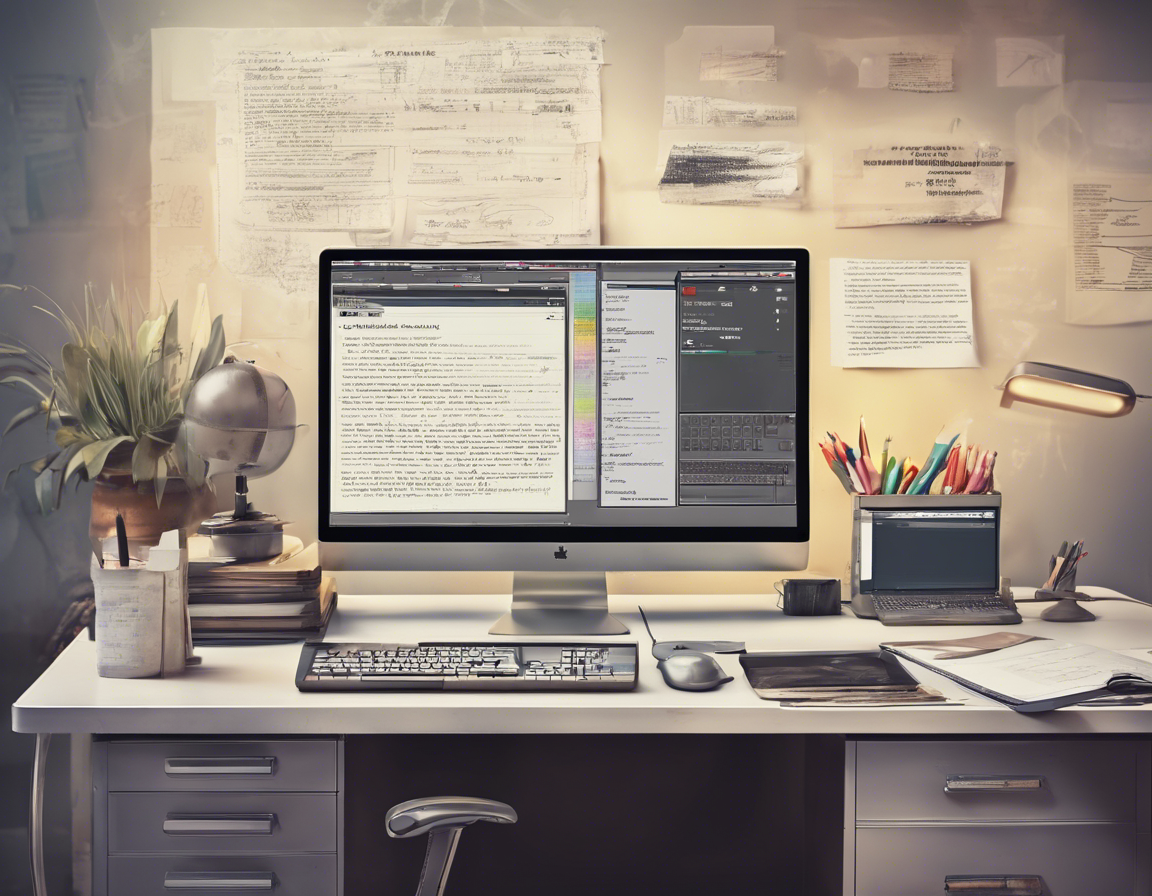 Современный офисный стол с компьютером, на экране которого открыт текстовый редактор и выделен текст
