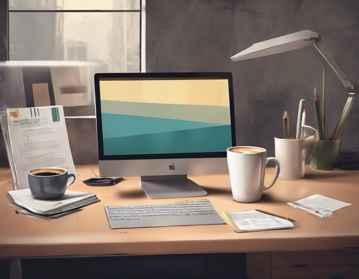 современный офисный стол с компьютером, на экране которого открыт блог-пост и рядом стоит чашка кофе