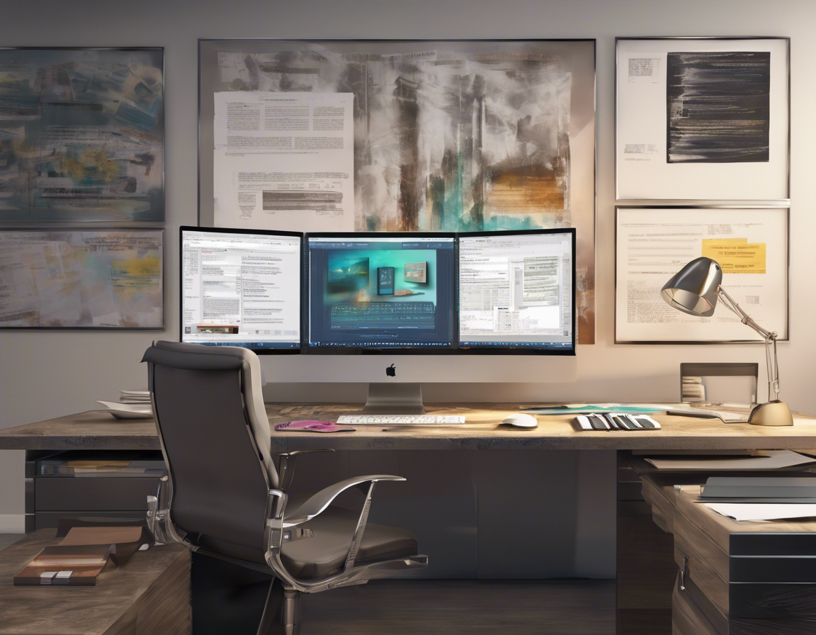 современный офисный стол с компьютером и интерфейсом программы для редактирования текста