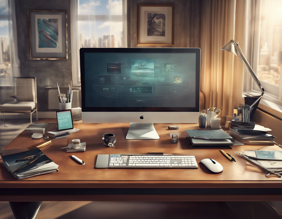 современный офисный стол с компьютером и приложением для редактирования контента