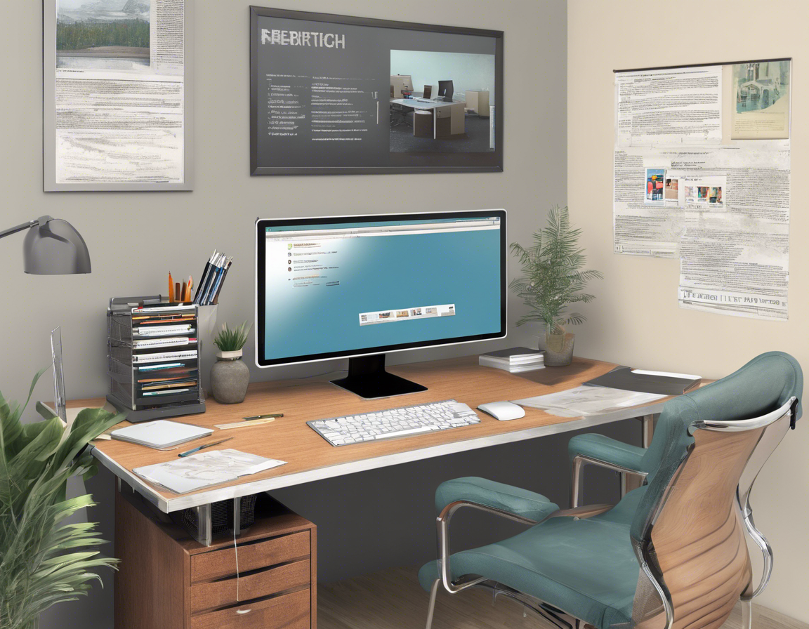 современный офисный стол с компьютером, на экране сайт для рерайта текста