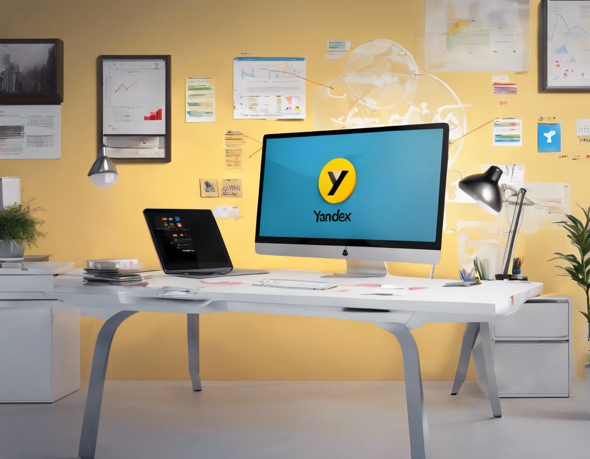 Современный офисный стол с компьютером, на экране которого логотип Яндекс.Дзен и маркетинговая аналитика