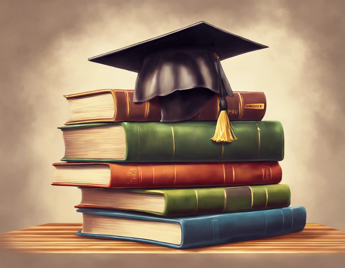 стопка академических книг с выпускным беретом на верхушке, на деревянном столе