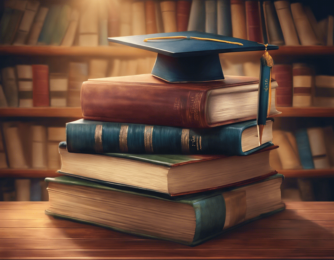 стопка академических книг с дипломом на верхушке, на деревянном столе в библиотеке