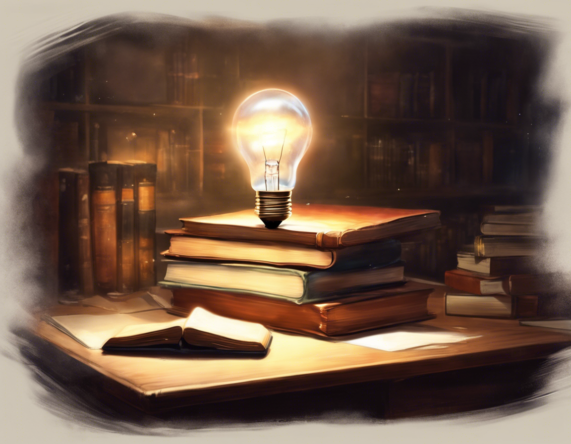 стопка книг и светящаяся лампочка над ними на столе