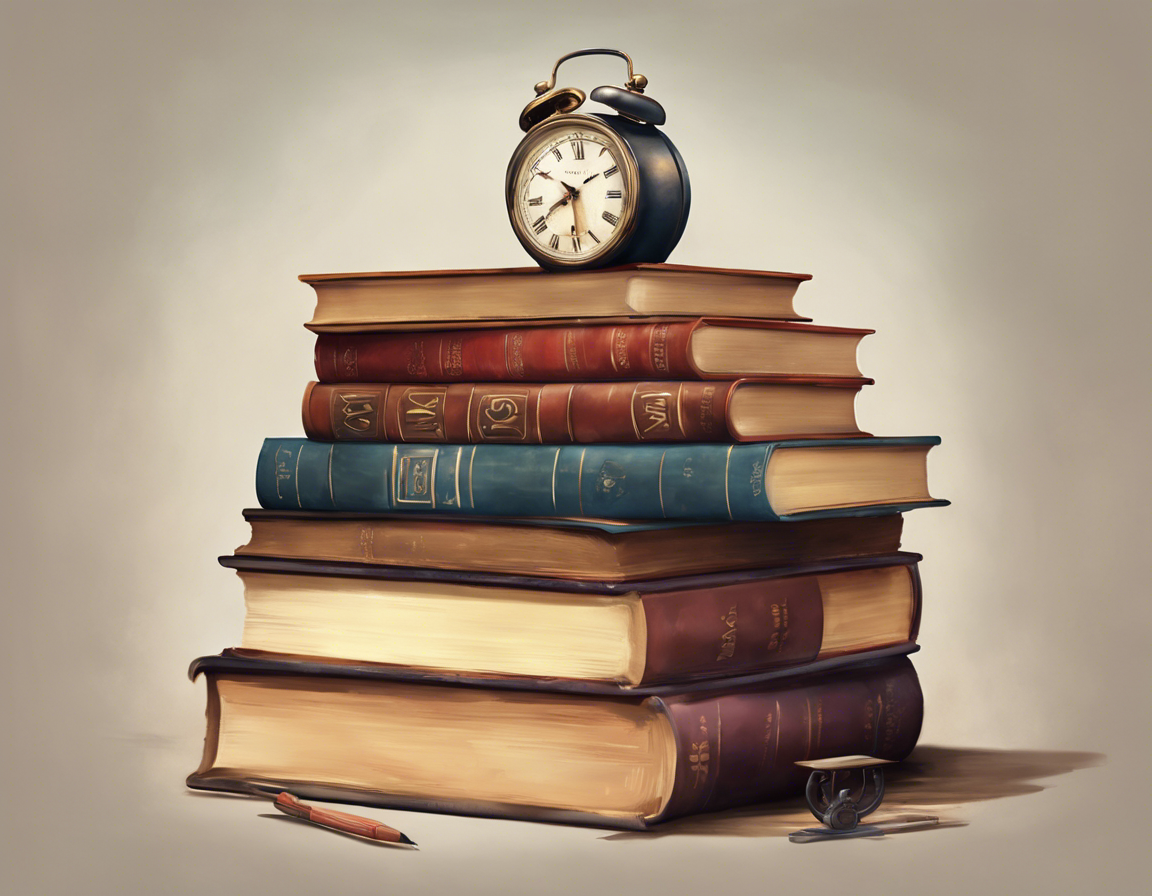 Стопка книг с часами на верху, символизирующая срочную учебную работу
