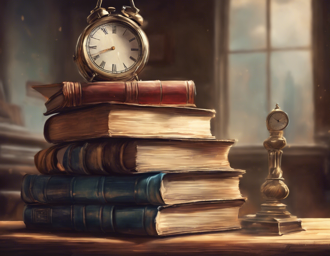 Стопка книг с дипломом на верху, на деревянном столе и часы показывающие, что время истекает
