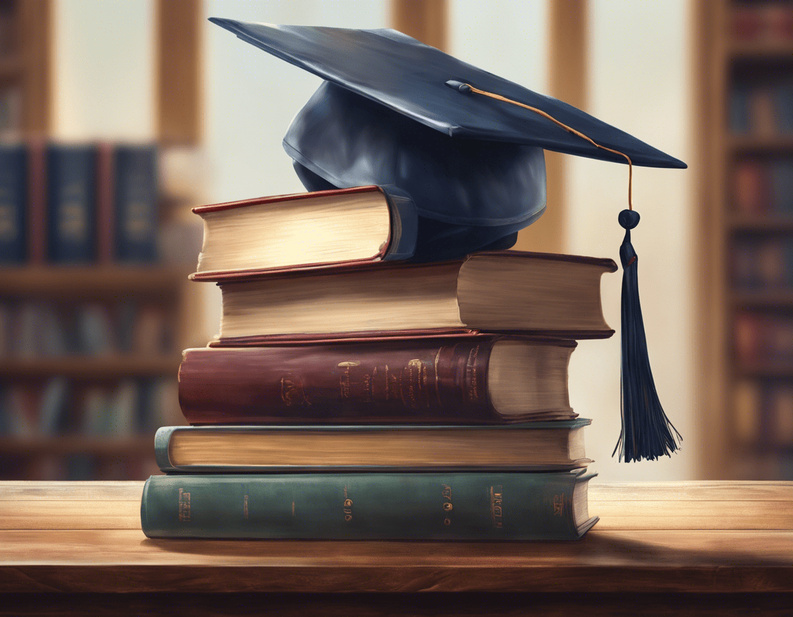 Стопка книг с дипломом на верху, на деревянном столе с ноутбуком и выпускной шапкой
