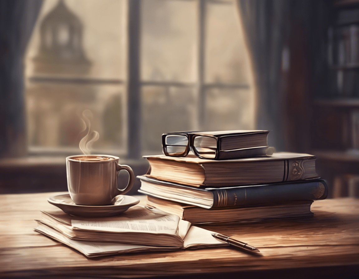 стопка книг с очками и чашкой кофе на деревянном столе