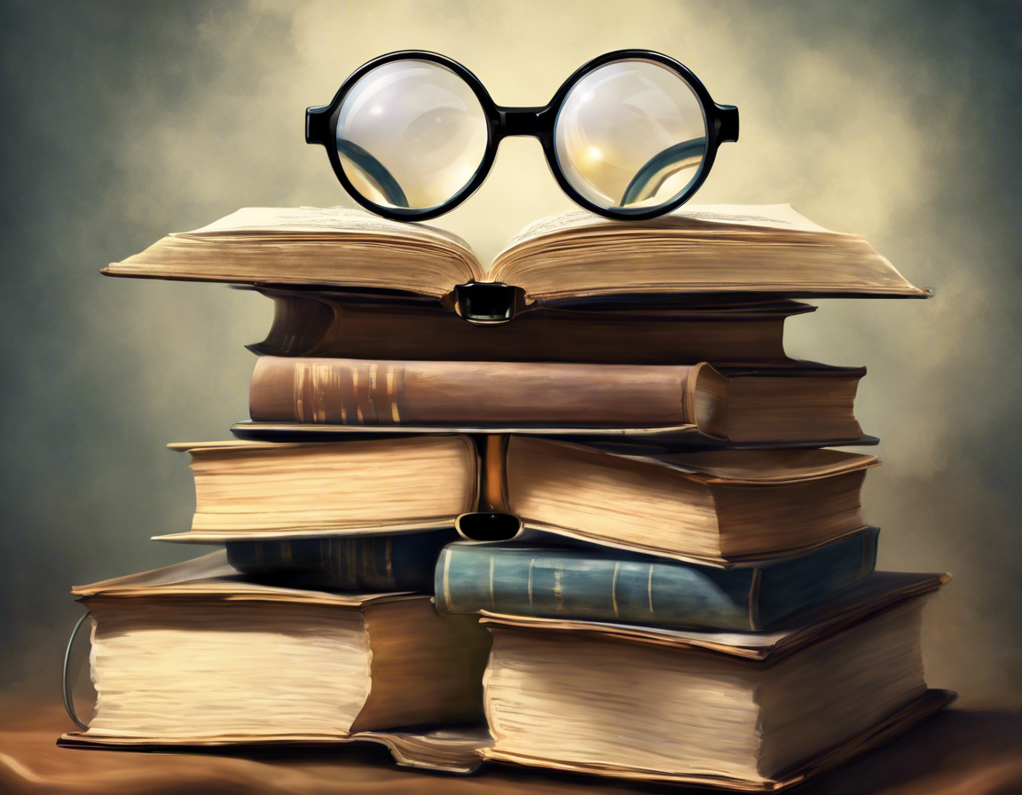 стопка книг с очками сверху и лупой, символизирующей качество контента и внимание к деталям