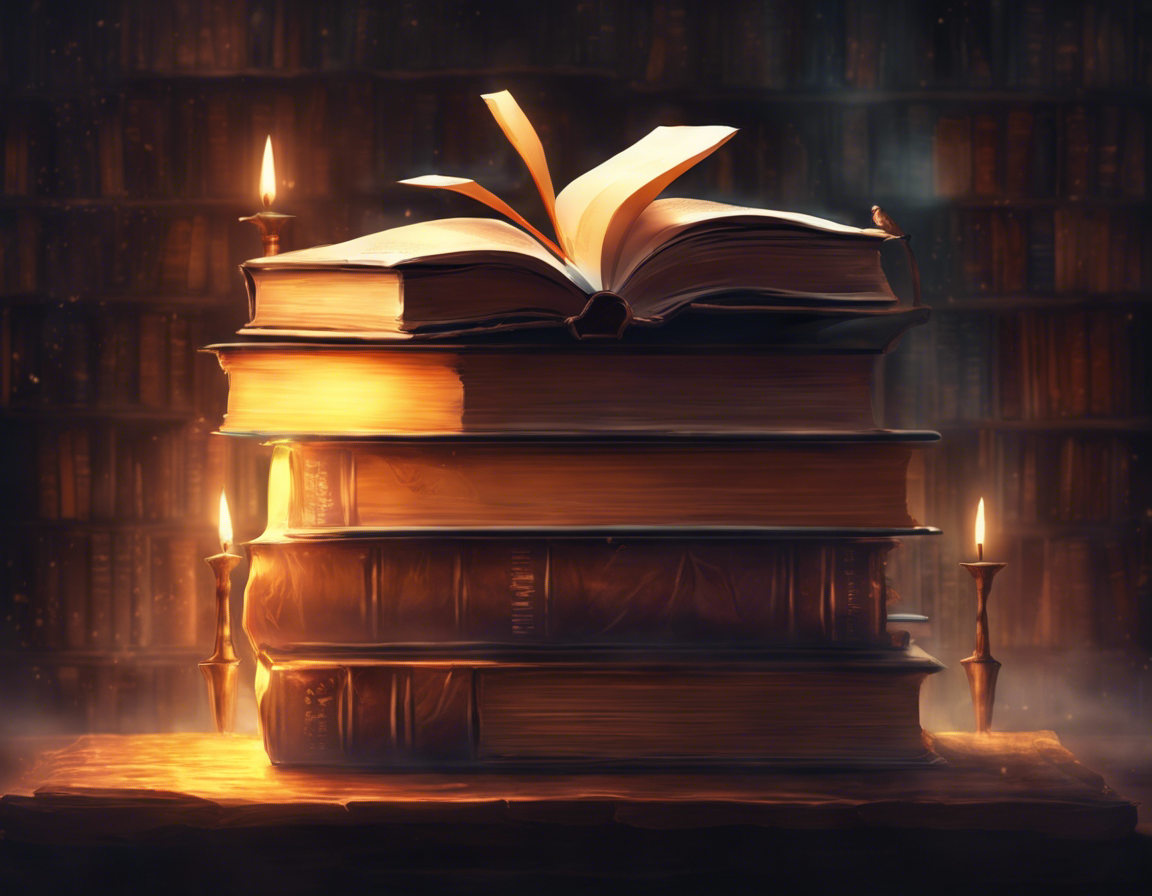Стопка книг с одной открытой и светящейся, символизирующей знания и рерайтинг