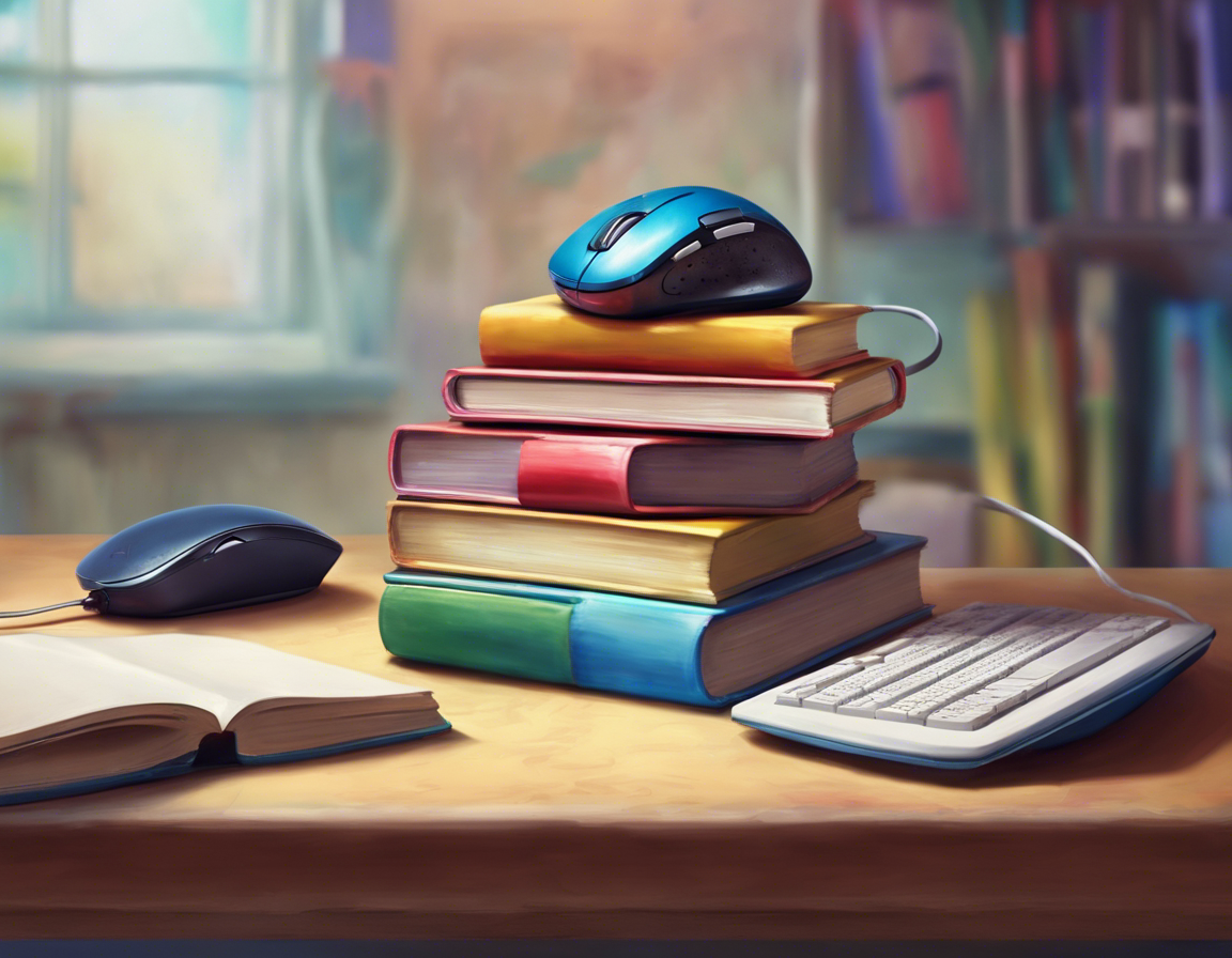 Стопка цветных книг с компьютерной мышью на столе