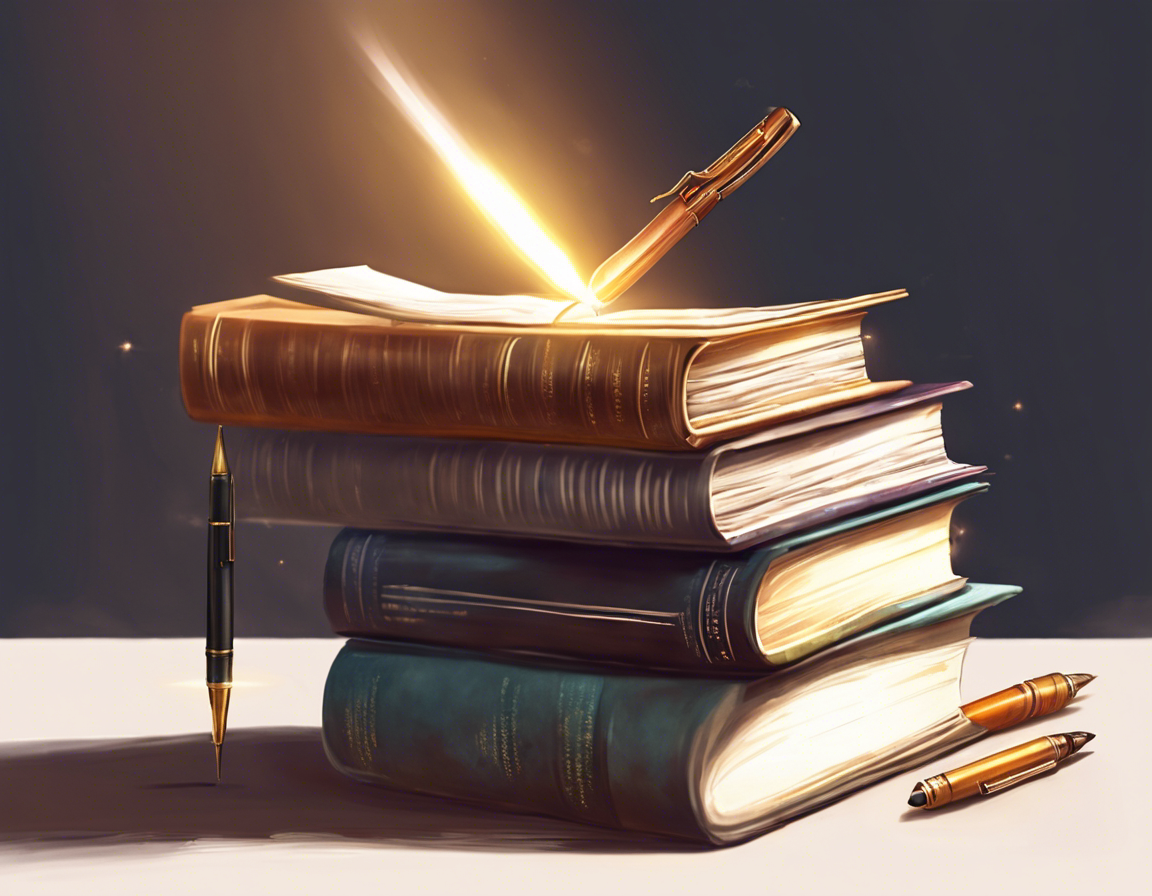 стопка книг с открытой книгой и светящейся ручкой над ней, символизирующей рерайтинг контента