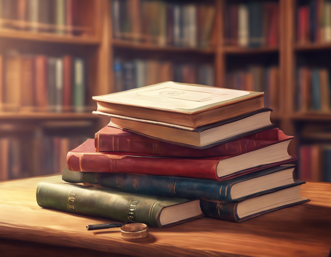 Стопка учебников с дипломом на верху, на деревянном столе в библиотеке