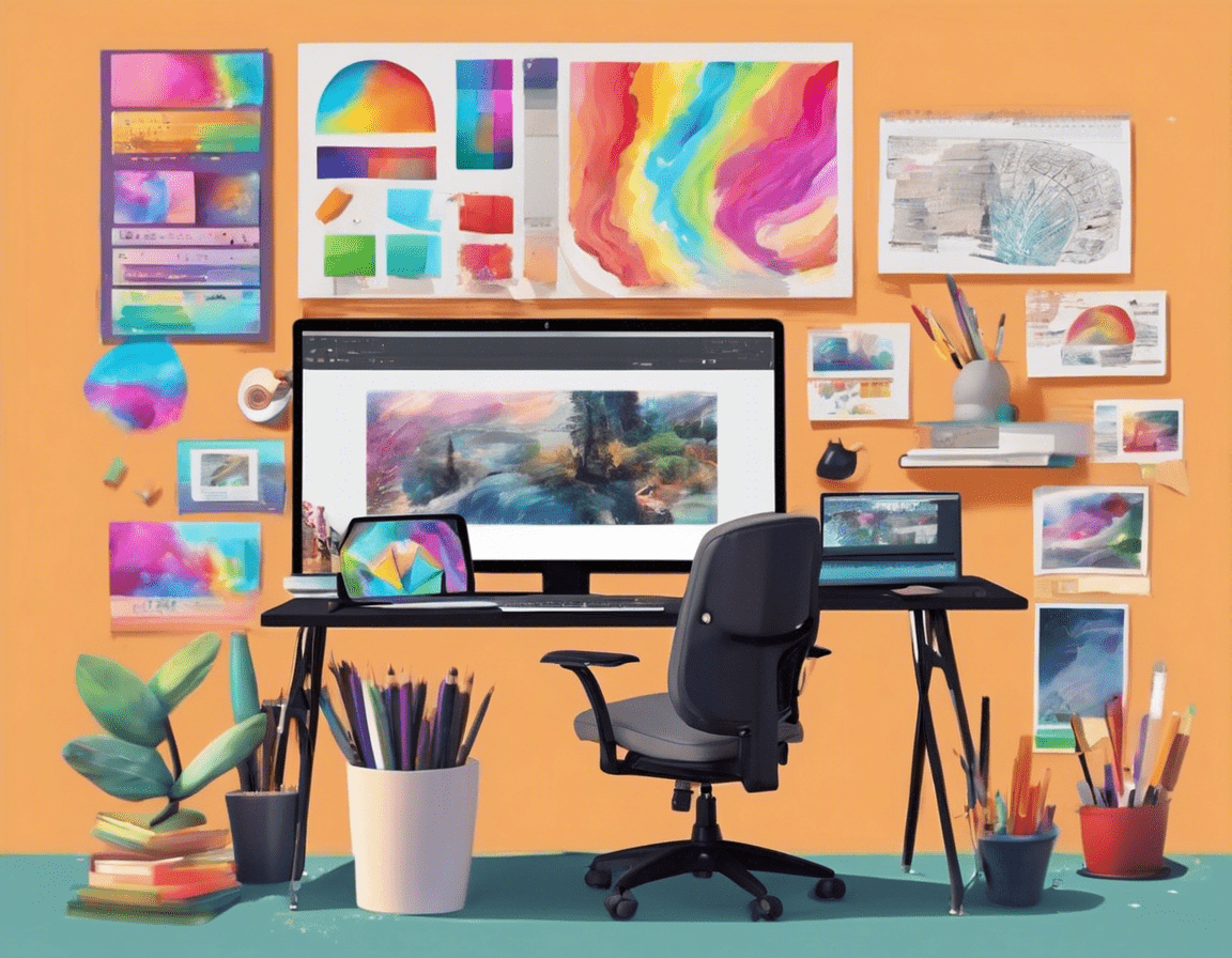 Творческое рабочее место с компьютером, на экране которого отображаются яркие графики контент-маркетинга